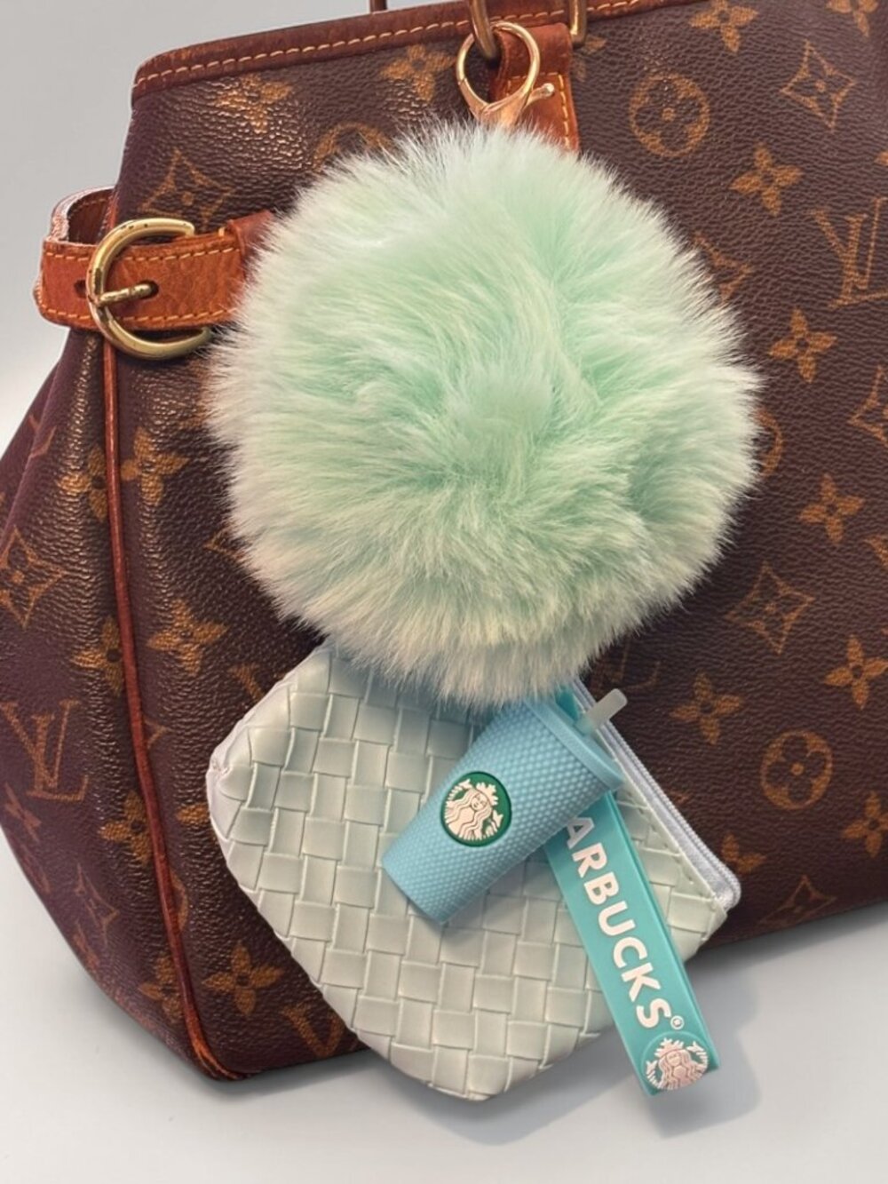 NEW Light Blue Woven Pouch Pom Pom Starbucks Cup Bag Charm Keychain Set